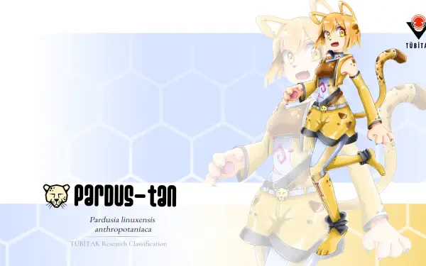 HD desktop wallpaper of Pardus-tan, an Os-tan anime cat-girl mascot for the Pardus Linux distro, posing in a yellow outfit over a pale hexagonal background with the Pardus logo.