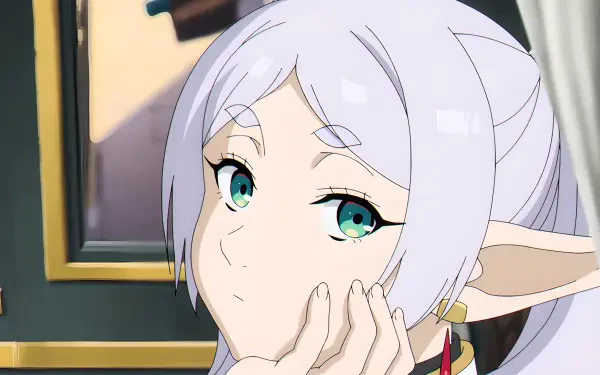 Frieren (Frieren: Beyond Journey's End) anime elf girl with silver hair and green eyes, resting chin on hand — fantasy portrait rendered as 4K Ultra HD PC desktop wallpaper/background.