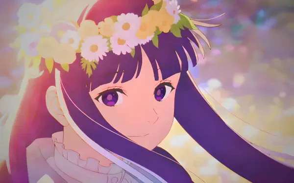 4K Ultra HD PC desktop wallpaper: Fern (Frieren: Beyond Journey's End) — watercolor anime girl with a flower crown and soft pastel background