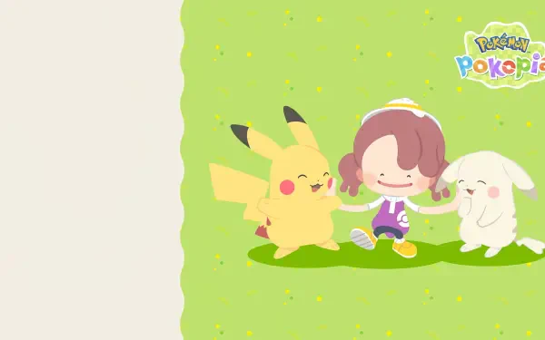 HD PC desktop wallpaper and background: Pokemon Pokopia scene with Pikachu, a smiling child and a fluffy sheep Pokemon on a bright green grassy field.
