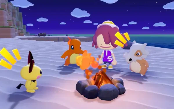 HD PC desktop wallpaper: Pokémon Pokopia-style scene — Pichu, Charmander and two small Pokémon gathered around a cozy campfire on a moonlit beach.