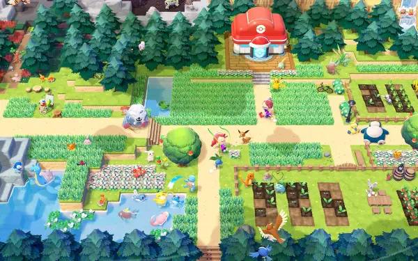 HD PC desktop wallpaper/background: top-down view of Pokémon Pokopia — village paths, farms, ponds, trees and roaming Pokémon.
