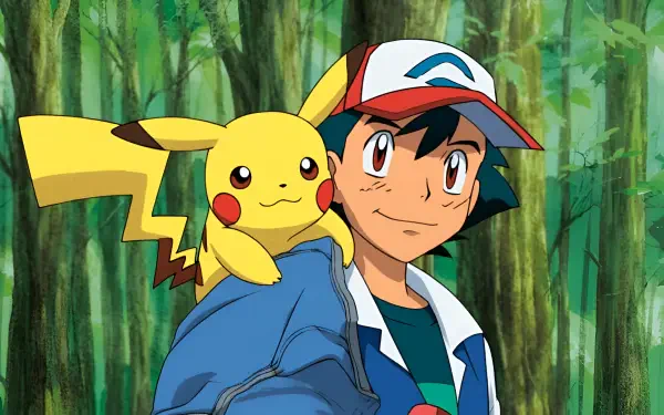 Retro anime HD desktop wallpaper of Ash Ketchum with Pikachu on his shoulder, smiling in a forest, showing their best-friends bond.
