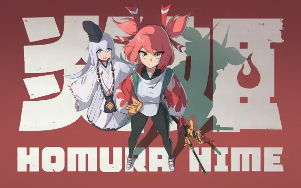 HD PC desktop wallpaper game art of Homura Hime: fox-eared red-haired heroine at center with white-robed companion, bold kanji backdrop and 'HOMURA NIME' logo.