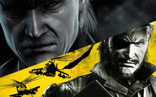 2K Quad HD video game wallpaper: gritty Metal Gear Solid game art showing close-up portraits of Solid Snake and Big Boss over a yellow-striped collage of aircraft and silhouettes.