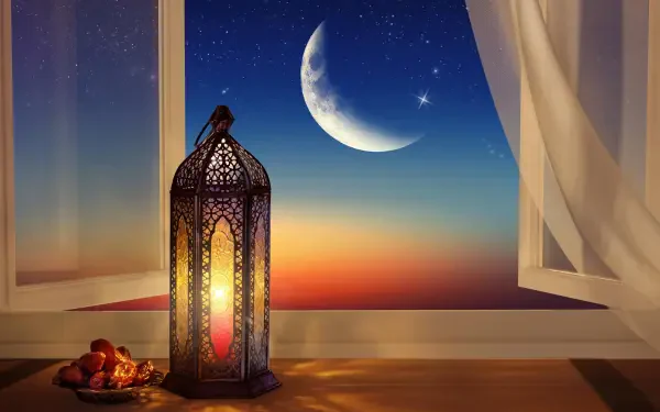 5K Ultra HD PC desktop wallpaper/background: ornate Ramadan lantern on a windowsill at sunset, a glowing crescent moon and stars visible through the open window.