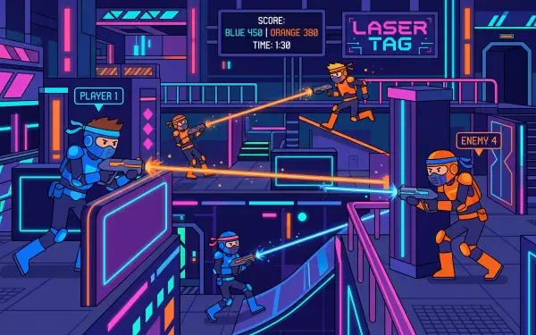 Neon laser tag arena with blue vs orange teams firing laser beams across multi-level platforms, visible scoreboard and signage — 5K Ultra HD PC Desktop Wallpaper and Background