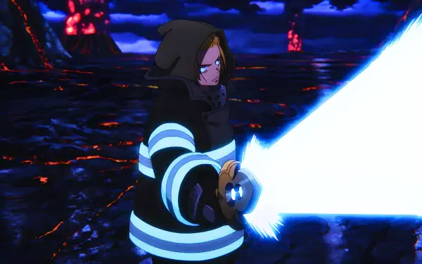 4K Ultra HD PC desktop wallpaper of Arthur Boyle (Fire Force): anime scene of him in firefighter coat brandishing a glowing blade against a molten volcanic landscape