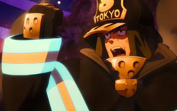 4K Ultra HD PC desktop wallpaper: Fire Force's Captain Obi — anime firefighter leader in full gear, shouting amid smoke and embers.