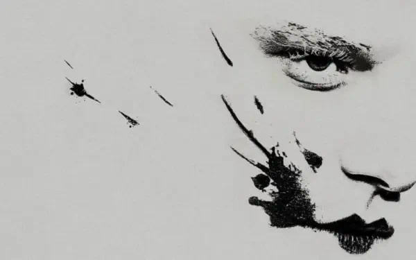 4K Ultra HD PC desktop wallpaper and background The Bride!: minimalist black-ink half-face — a single eye, lips and abstract splatters on a white field.