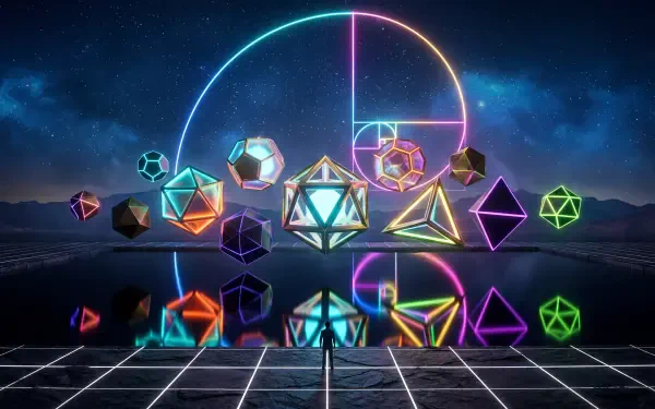 Neon geometry scene of glowing polyhedra and wireframe shapes floating above a reflective grid under a luminous circular arc, tiny silhouetted figure — 5K Ultra HD PC Desktop Wallpaper and Background