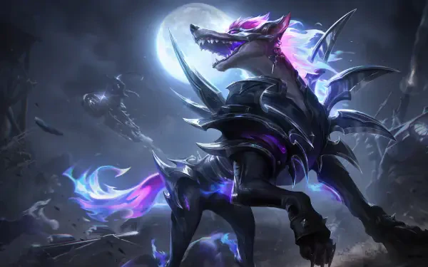 8K Ultra HD PC MOBA desktop wallpaper of Naafiri (League of Legends): an armored, spectral fantasy canine howling at a full moon with purple-blue ethereal energy.