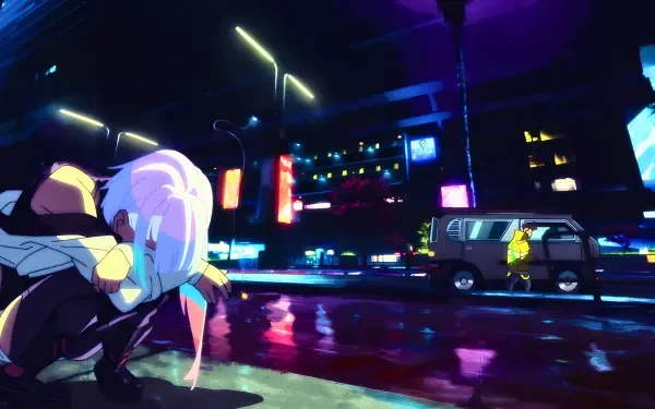 Cyberpunk: Edgerunners 4K UHD desktop wallpaper — anime girl crouches on a rain‑slick street as David and a neon cyberpunk cityscape glow in reflections.