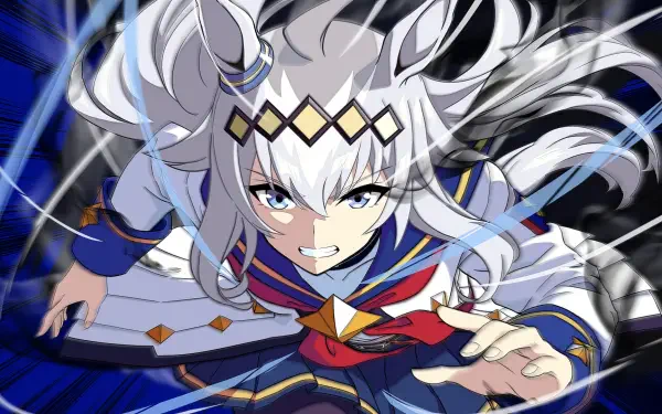 HD PC anime desktop wallpaper of Oguri Cap (Uma Musume: Pretty Derby) lunging forward, silver hair streaming and a fierce, determined expression.