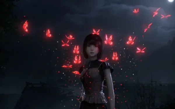 HD PC desktop wallpaper from the video game Fatal Frame II: Crimson Butterfly showing a young woman in a moonlit field, surrounded by glowing red butterflies.