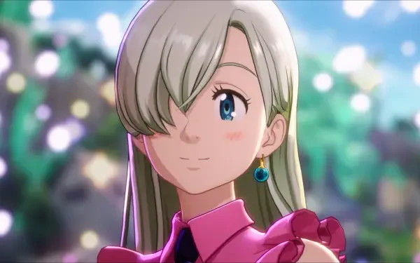 Elizabeth Liones from The Seven Deadly Sins: Origin smiling in a 2K Quad HD PC desktop wallpaper with a soft-focus outdoor bokeh background.