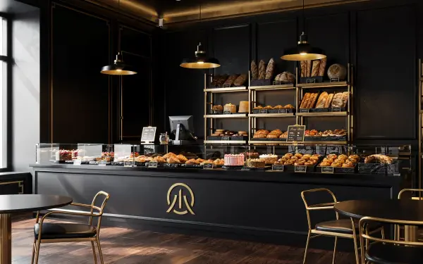 Stylish modern bakery interior with dark walls, brass lighting and shelves of breads and pastries — 4K Ultra HD PC desktop wallpaper and background.