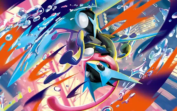 HD PC desktop wallpaper of Mega Greninja from Pokémon, dynamic TCG Card Shop Simulator artwork showing Greninja leaping through water with vibrant splashes.