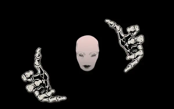 HD PC desktop wallpaper: dark anime Jujutsu Kaisen 3rd Season–inspired horror scene — a pale stitched-face mask floating between skeletal hands on a black, creepypasta-style background.