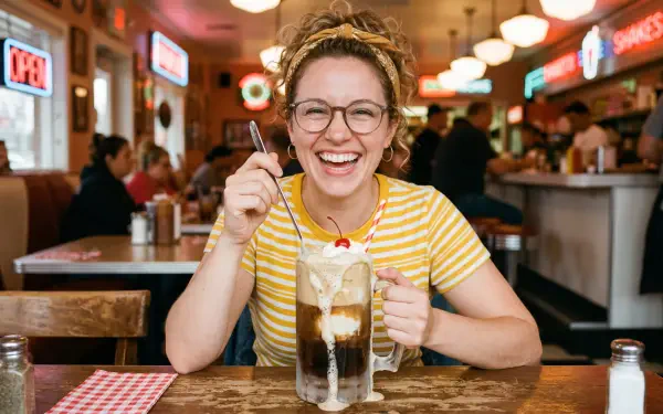 Smiling person in a retro diner holding a frothy root beer float — vibrant 5K Ultra HD PC desktop wallpaper and background.