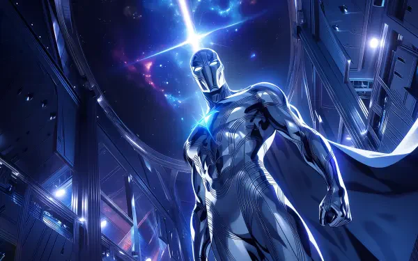 Comic-style Silver Surfer villain posed amid a glowing cosmic sky and futuristic metallic cityscape — dramatic 2K Quad HD PC desktop wallpaper/background.