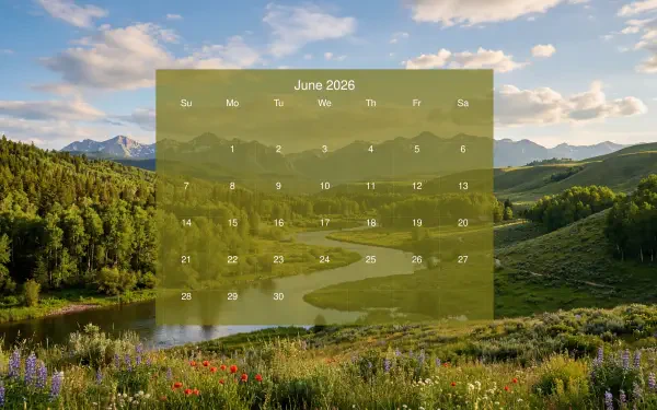 June 2026 calendar on a 5K Ultra HD PC desktop wallpaper and background: sunlit mountain valley with winding river, green hills and colorful wildflowers in the foreground.