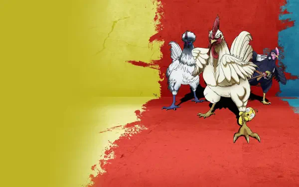 Rooster Fighter: two armored roosters clashing with a shadowy fighter against a split yellow-red textured backdrop — 4K Ultra HD PC desktop wallpaper/background.