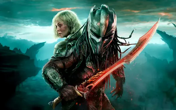 Predator: Badlands 4K Ultra HD PC desktop wallpaper — masked Predator wielding a glowing red blade stands before a guarded woman in mist-shrouded badlands.