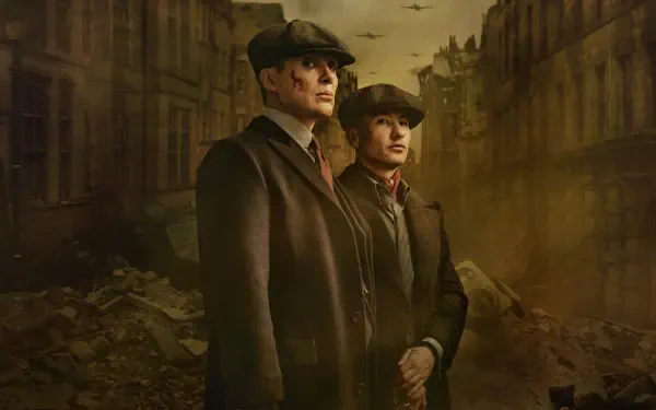 HD PC desktop wallpaper: two stoic flat-capped figures in period coats stand amid a foggy, war-torn street, Peaky Blinders: The Immortal Man.
