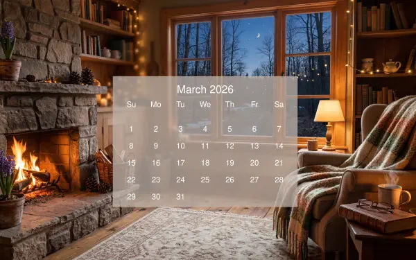March 2026 calendar overlaid on 5K Ultra HD PC desktop wallpaper: cozy living room with roaring fireplace, armchair, and windowed snowy woods.