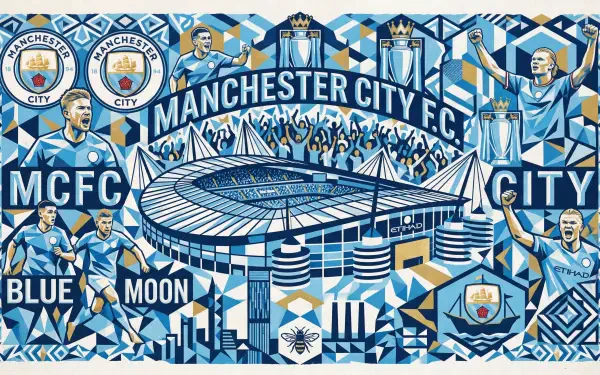 5K Ultra HD PC desktop wallpaper and background: stylized Manchester City F.C. collage with Etihad Stadium, club crests, players, trophies and blue geometric patterns.