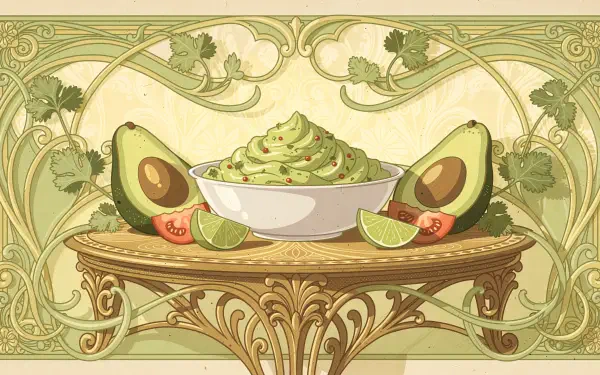 4K Ultra HD PC desktop wallpaper showing a bowl of guacamole, avocado halves, lime wedges and tomato on an ornate table with an Art Nouveau green decorative background.