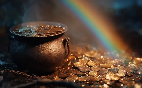 St. Patrick's Day 2K Quad HD PC desktop wallpaper background: a vivid rainbow ending in a rustic pot of gold, coins glinting as they spill across a wet, reflective surface.