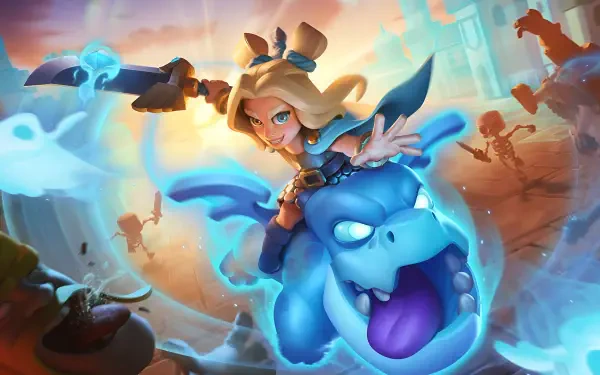 Clash Royale mobile game artwork by Supercell: a young caster riding a roaring blue ghost spirit amid a chaotic battle, vibrant 2K Quad HD PC desktop wallpaper background.