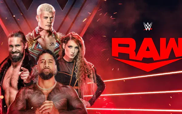 WWE Raw 4K Ultra HD PC desktop wallpaper showing four WWE wrestlers posed in front of the red RAW logo and arena lighting.