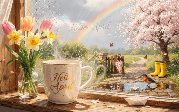Hello April 4K Ultra HD PC desktop wallpaper: spring scene — steaming 'Hello April' mug on a windowsill with daffodils, paper boat, rainbow, cherry blossoms, yellow boots and a robin.