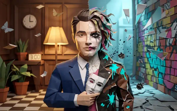 5K Ultra HD PC desktop wallpaper/background: split-personality portrait—one half polished suited man in a warm study, the other half a fractured street-art rebel, holding a mask amid flying shards.