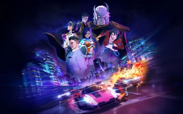 Screamer (2026) video game 2K Quad HD PC desktop wallpaper and background — neon city, flaming pink sports car drifting through lights, ensemble of stylized characters looming above.