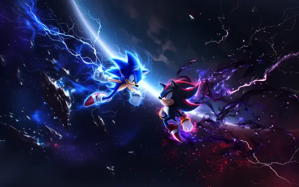 Sonic the Hedgehog 4 movie 2K Quad HD PC desktop wallpaper: blue Sonic and Shadow clash amid lightning and shattered cosmic debris.