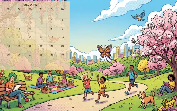 May 2026 calendar — 5K Ultra HD PC desktop wallpaper and background: vibrant park scene with cherry blossoms, children chasing a butterfly, joggers, picnickers, a dog and distant city skyline.