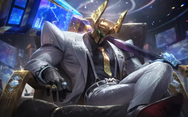 8K Ultra HD PC wallpaper of the video game character Mordekaiser from League of Legends — armored warlord in a white suit and gold helmet, lounging confidently in a neon-lit luxury chair.