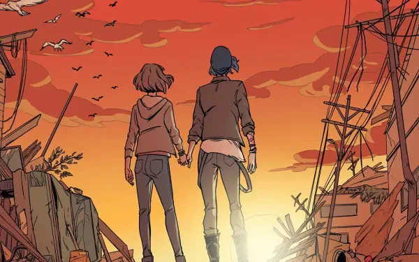 HD PC desktop wallpaper and background for the video game Life is Strange: Reunion — two characters hold hands on a ruined street, facing an orange sunset as birds circle above.