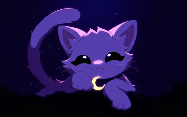 Poppy Playtime CatNap video game wallpaper: cute purple kitten with crescent-moon collar curled in moonlit shadow — 2K Quad HD PC desktop background.