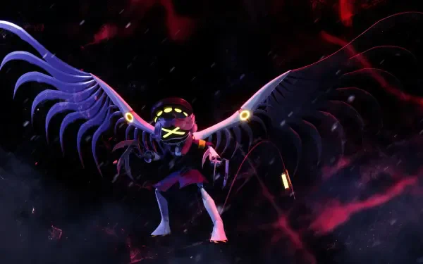 HD PC desktop wallpaper of Serial Designation N from the TV show Murder Drones: a glowing, winged drone with an X-mark face hovering against a dark, red-streaked cosmic background