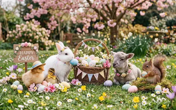 5K Ultra HD PC desktop wallpaper/background: cute Easter scene with bunnies, chicks, a lamb and squirrel gathered around a basket of pastel eggs in a flower-filled spring meadow.