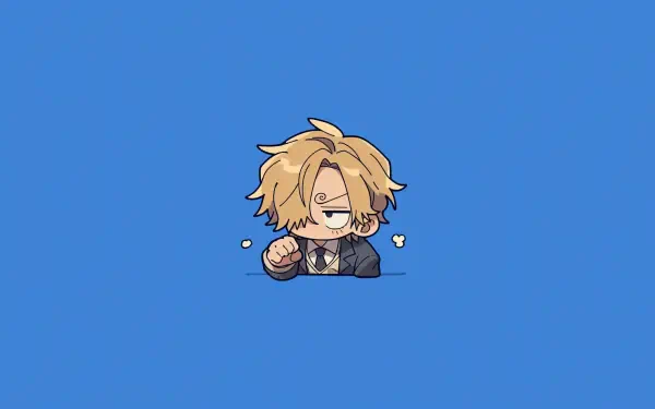 Chibi Sanji (One Piece) AI Art anime: tiny blonde chef in a suit with a cigarette, centered on a solid blue 2K Quad HD PC desktop wallpaper background.