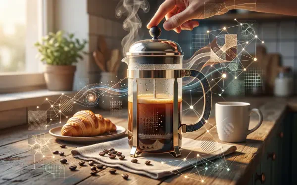 5K Ultra HD PC desktop wallpaper: steaming French press pressed by a hand on a sunlit kitchen counter with croissant, mug, scattered coffee beans and glowing digital accents.