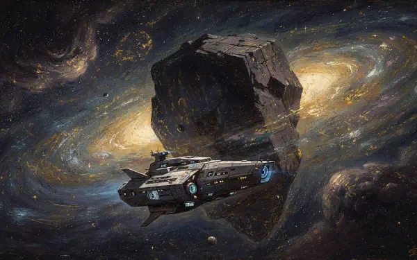 Spaceship gliding past a colossal asteroid beneath swirling galaxies — 4K Ultra HD PC desktop wallpaper and background.