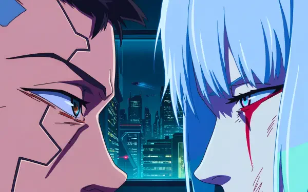 Close-up of Cyberpunk: Edgerunners lovers Lucy and David — anime girl Lucy with white hair and a blood-red tear facing David’s angular cybernetic profile. 5K Ultra HD PC desktop wallpaper