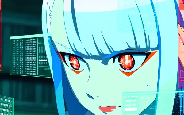 Lucy (Cyberpunk: Edgerunners) close-up: blue-haired anime netrunner with glowing red cyber-eyes and neon hacking UI overlays — 4K Ultra HD PC desktop wallpaper.